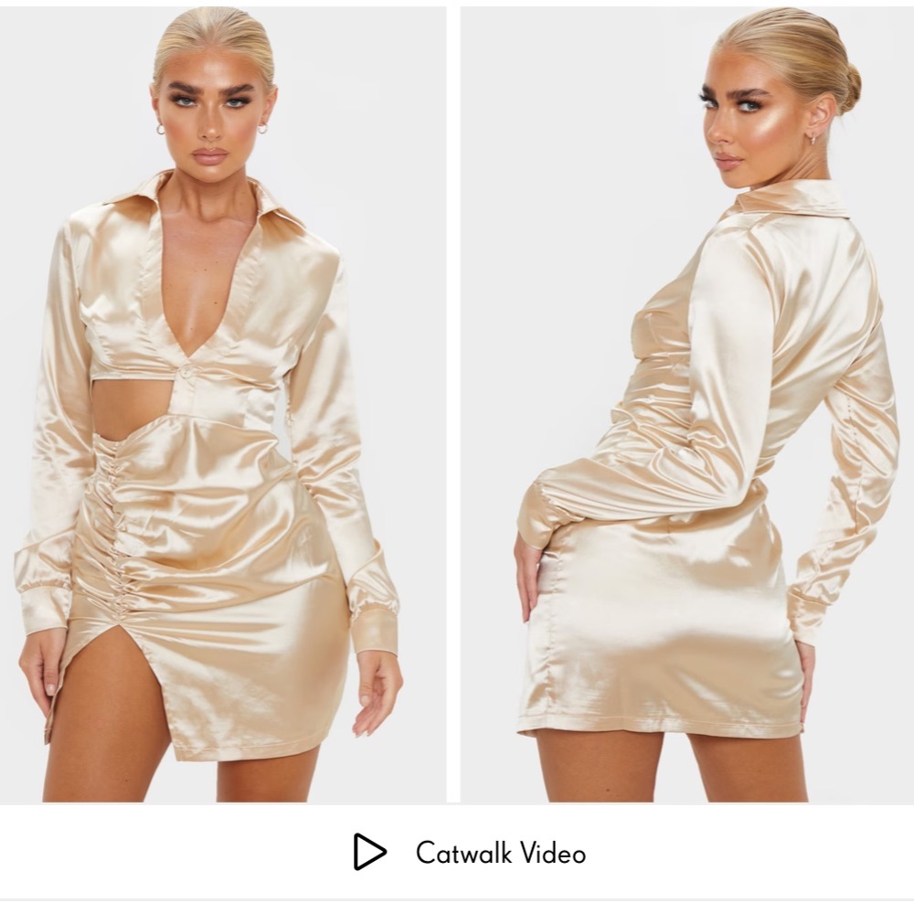 Plt prettylittlething Champagne Satin Cut Out Ruched Shirt Dress size us 6